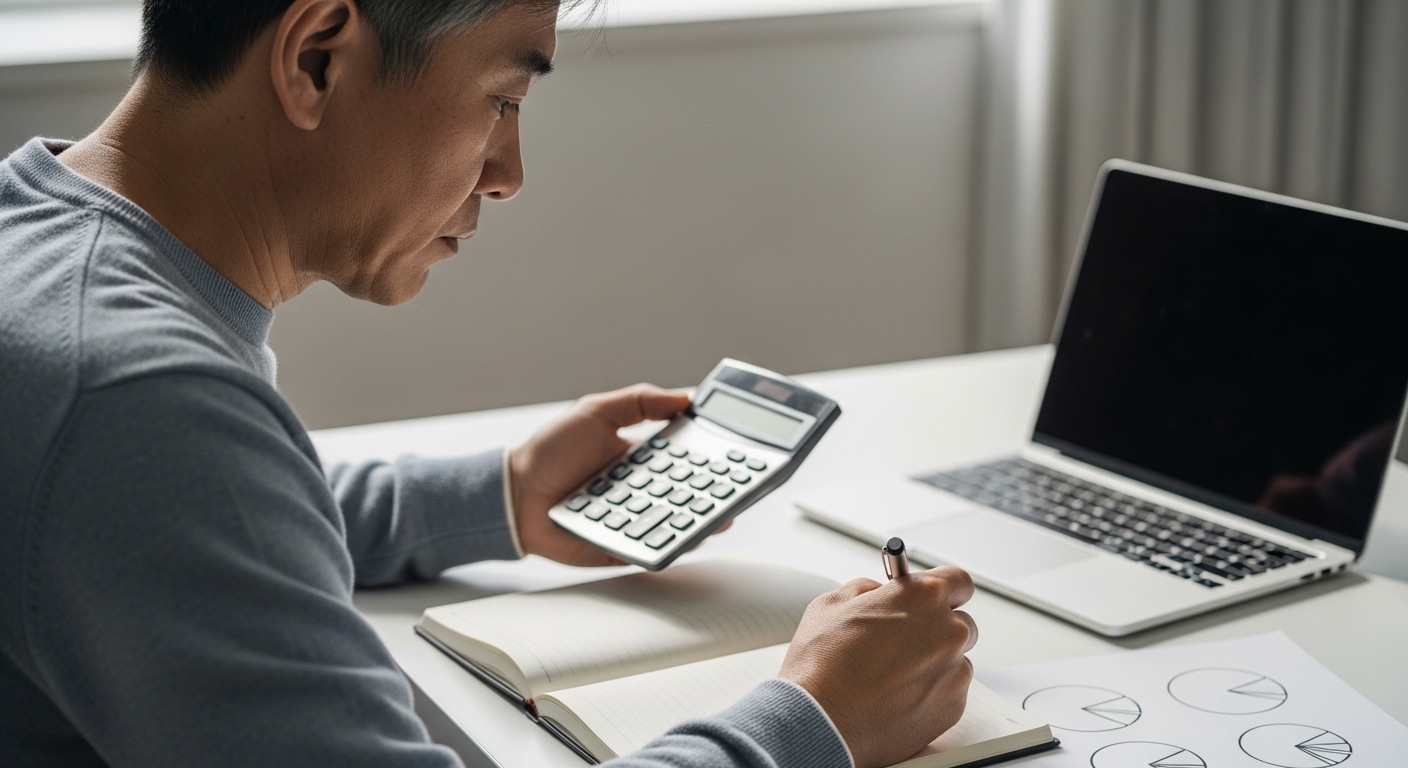 계산기로 은퇴 임계점 자산을 산출하는 한국인 50대 남성