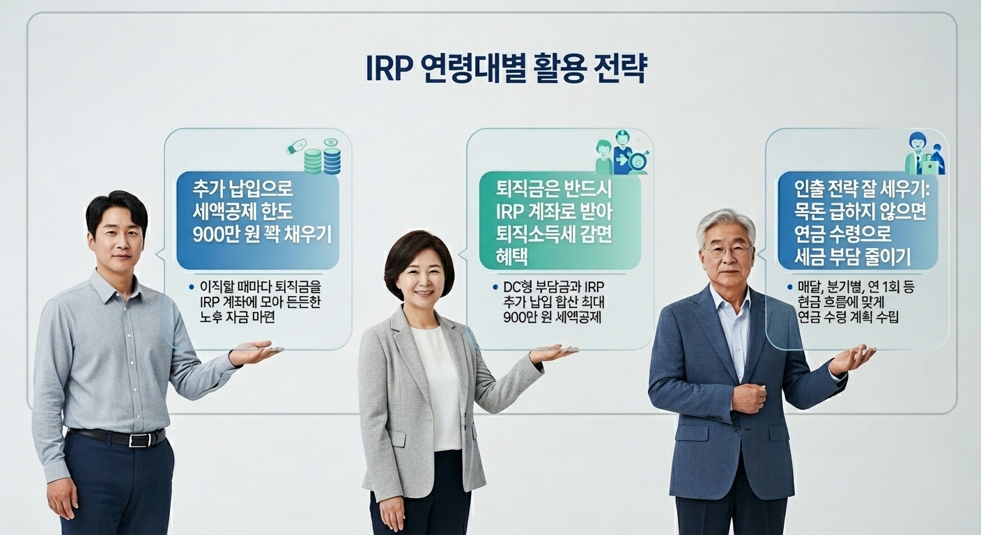 40대 50대 60대별 IRP 활용 전략을 한눈에 보여주는 연령대별 인포그래픽