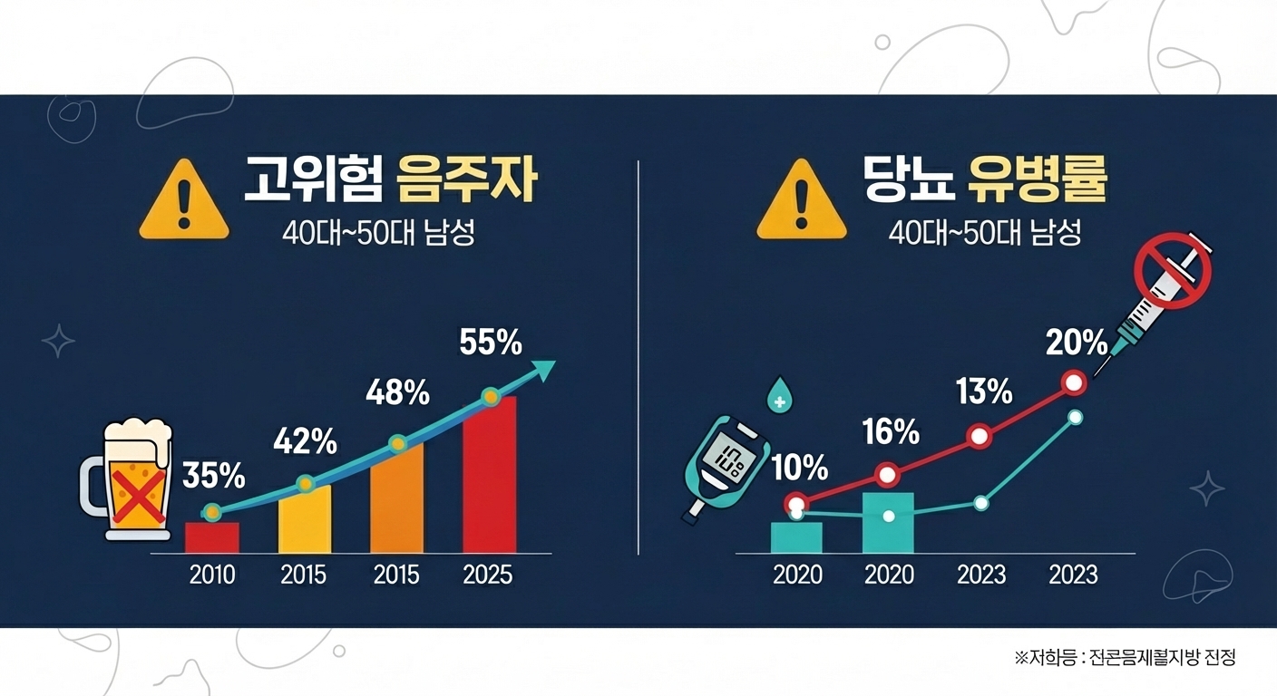 40대 50대 한국 남성의 고위험 음주 및 당뇨 증가 통계 인포그래픽