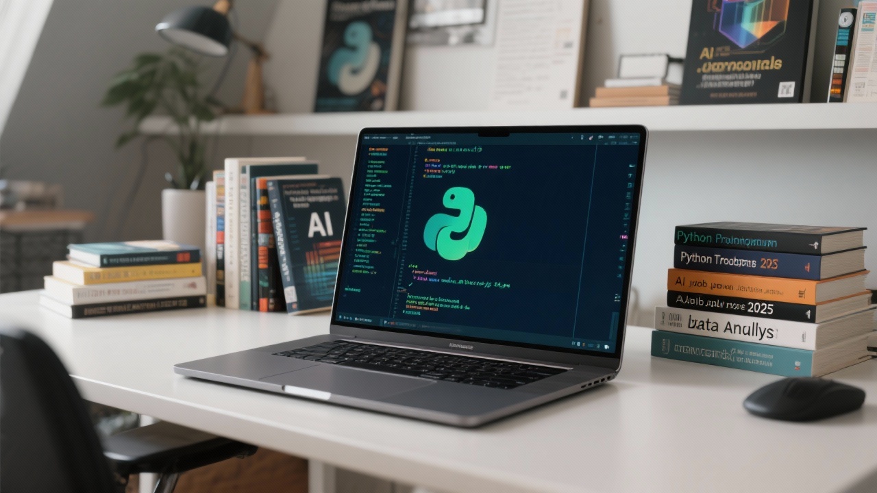 2025년 AI와 데이터 직업 시장에서 파이썬의 중요성을 보여주는 현대적인 작업 공간 이미지