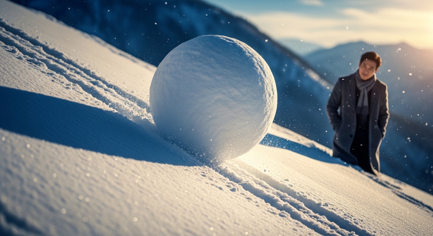 복리 효과를 눈덩이로 비유해 보여주는 장면과 이를 바라보는 40대 초반 한국인