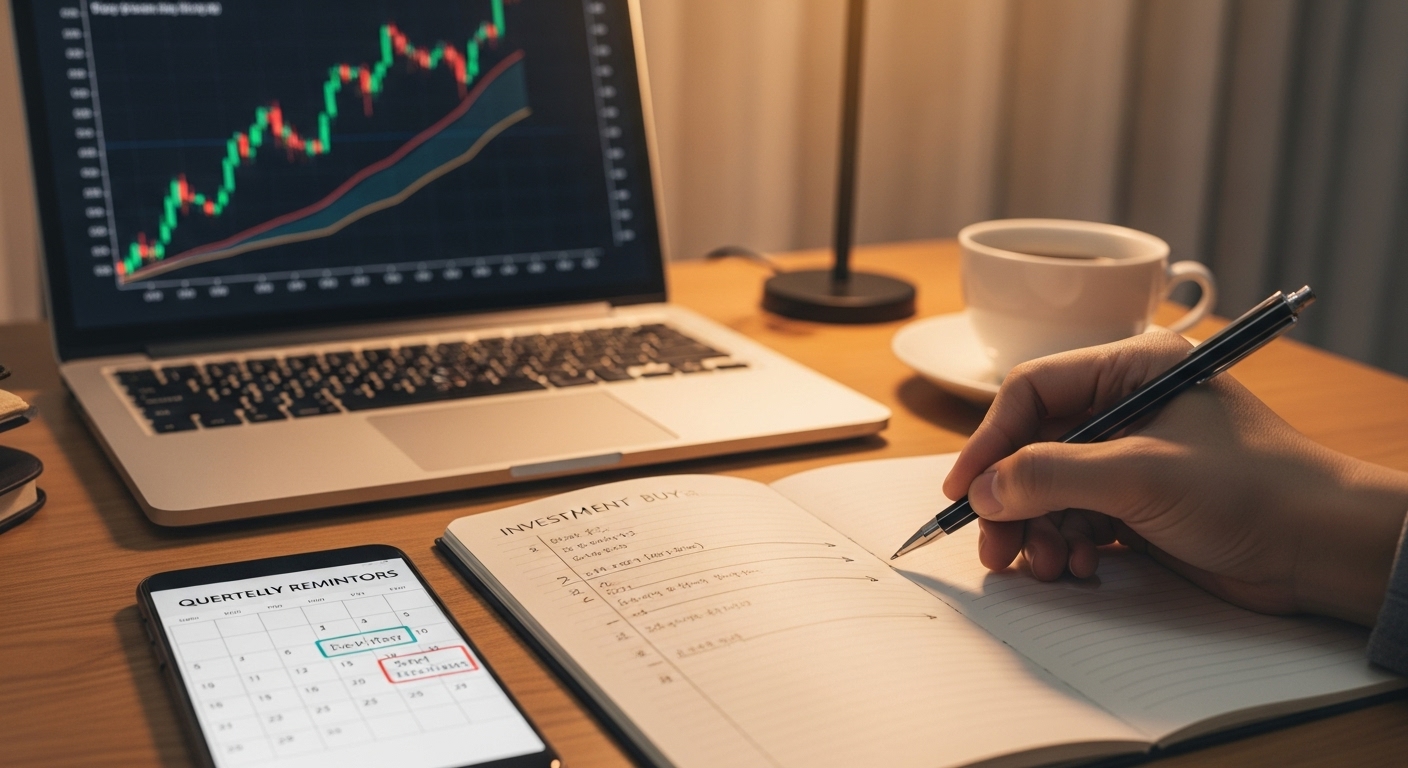 장기 투자 원칙을 지키기 위해 매수 이유와 일자를 투자 노트에 기록하는 한국 투자자 손