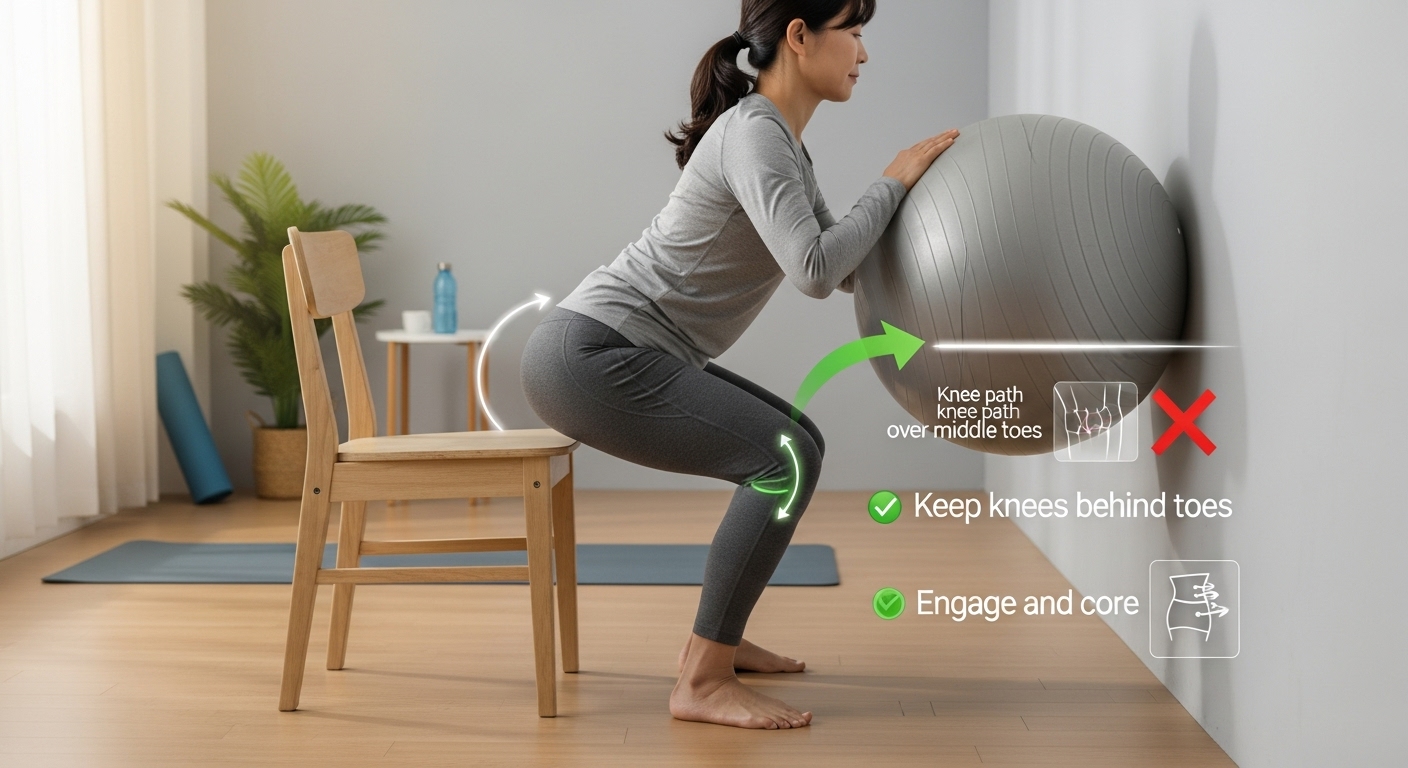 무릎 부담을 줄여주는 의자 스쿼트와 벽 스쿼트를 안전하게 수행하는 중년 한국인