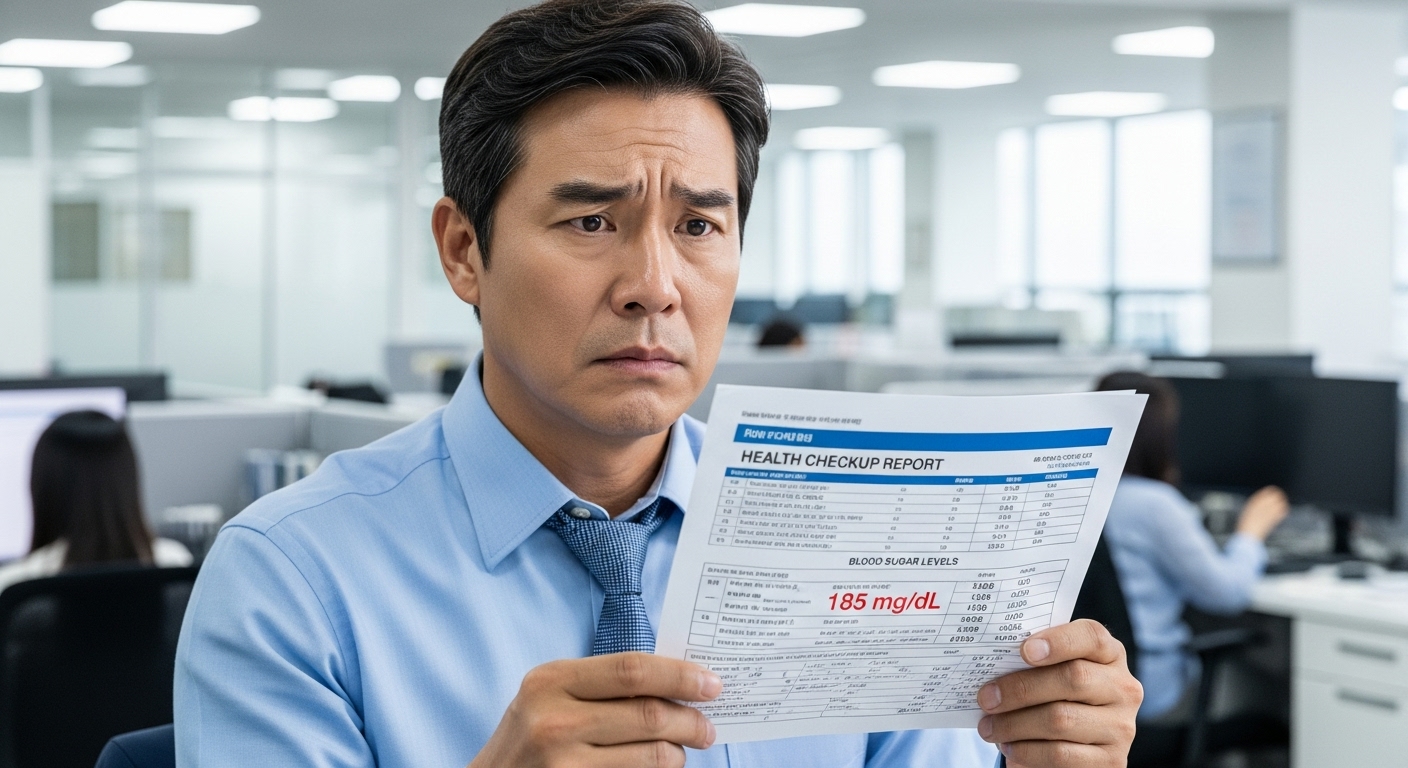 건강검진표를 보고 걱정하는 40대 한국 직장인 모습