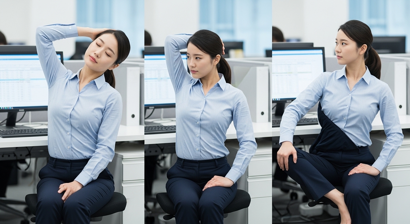 사무실에서 5분 동안 거북목과 허리 통증 완화 스트레칭하는 한국인 직장인