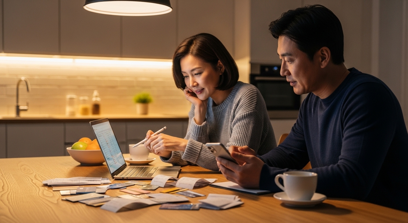 부부가 신용카드와 체크카드 사용 내역을 점검하며 연말정산 카드 공제 전략을 세우는 장면