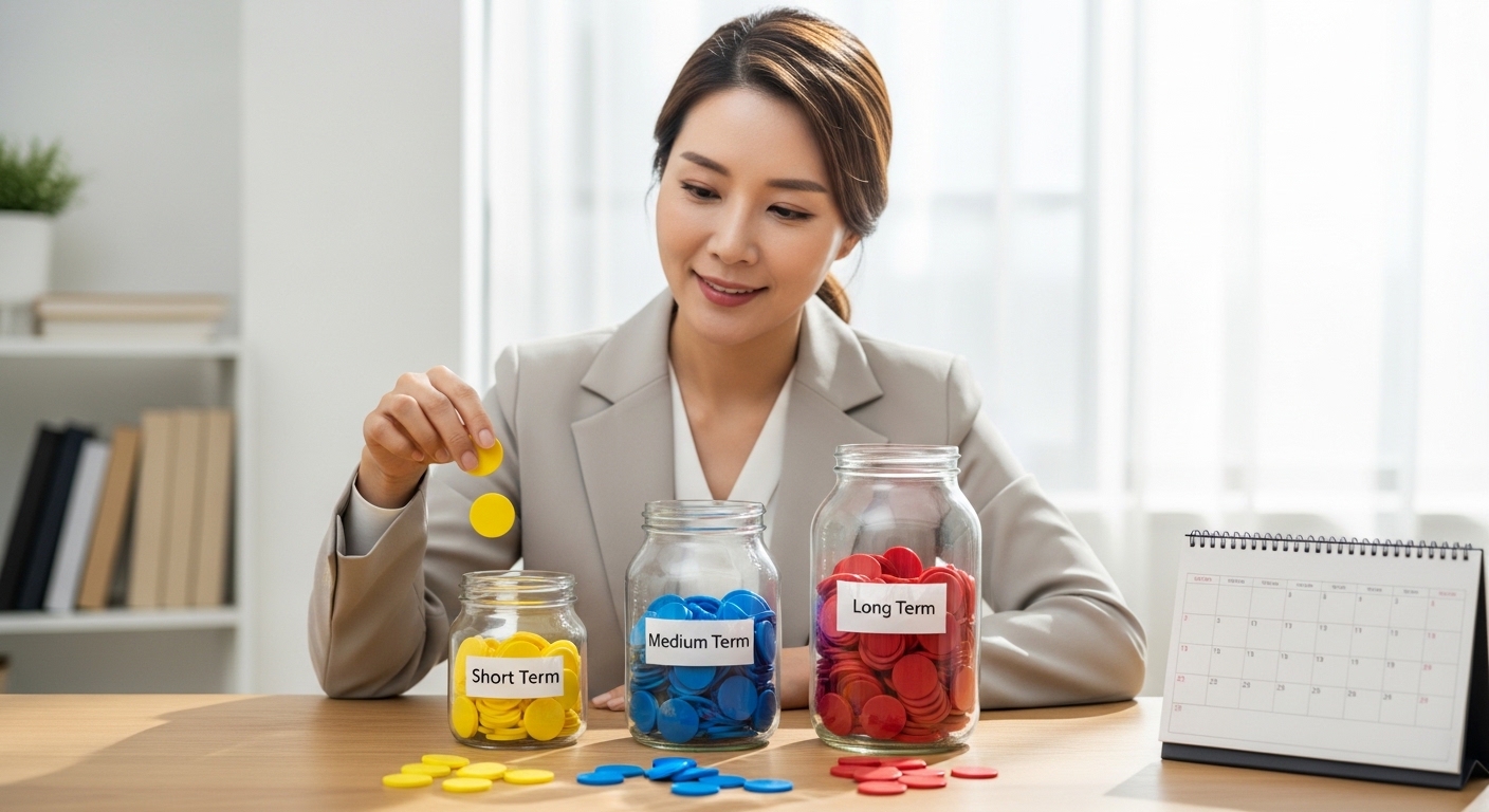만기별로 자금을 나눠 담는 전략을 상징하는 40대 초반 한국인 여성과 3개의 유리병