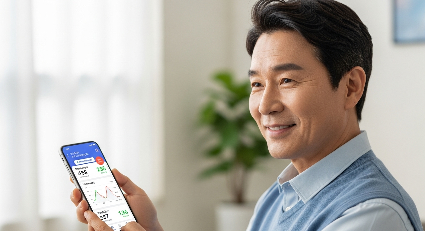 혈당과 체중 기록 앱을 보며 건강 관리에 동기부여를 받는 중년 한국인 모습