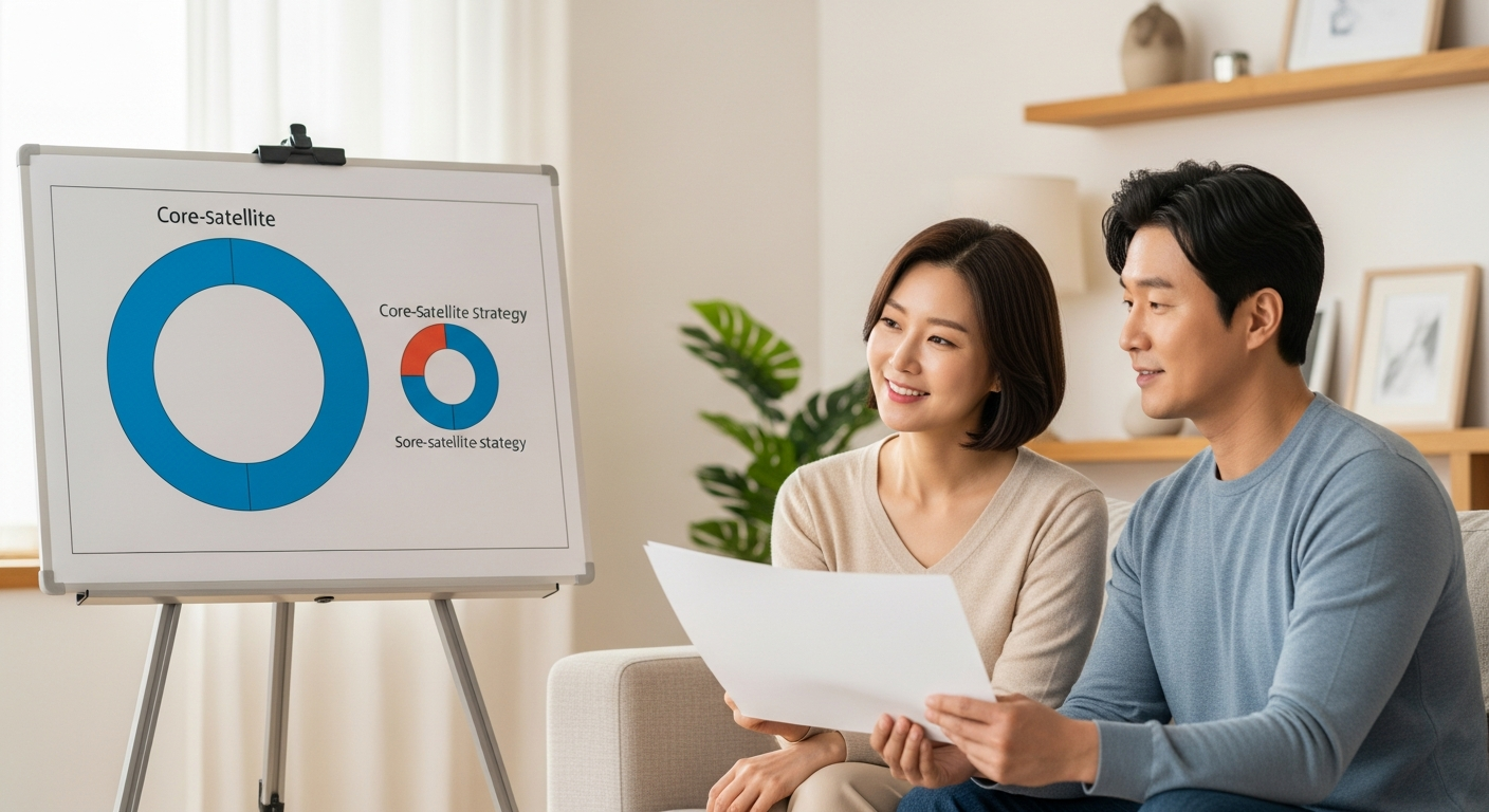 코어 70과 위성 30 전략을 원형 구성으로 검토하는 40대 초반 한국인 부부