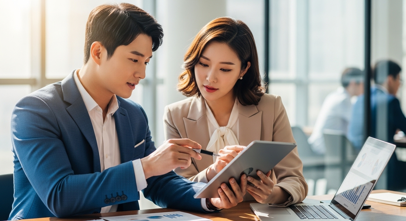 현대적인 사무실에서 디지털 태블릿과 노트북을 보며 아이디어를 논의하는 한국인 남녀 비즈니스 팀의 모습