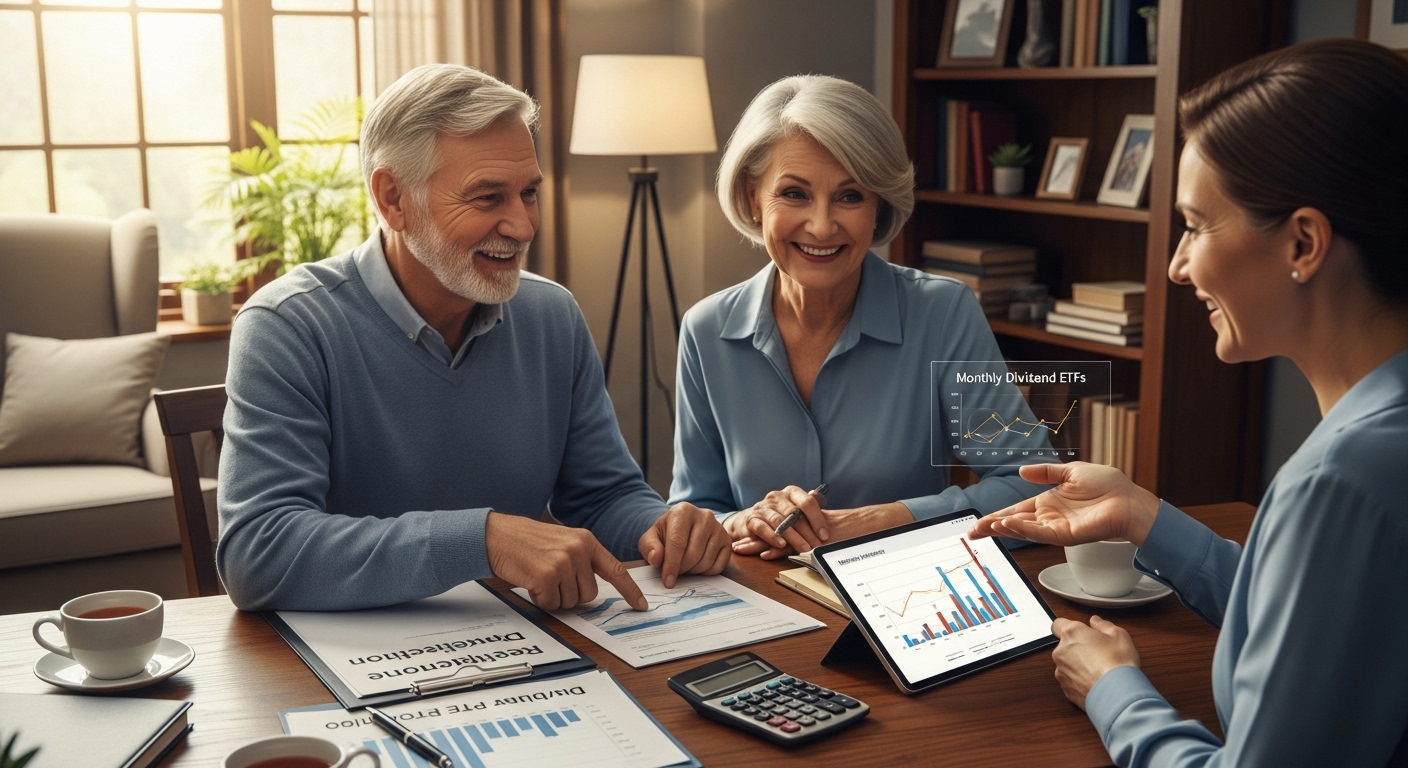 지금 바로 시작하는 월배당 ETF 은퇴 준비를 하는 노부부와 재무 상담사 이미지