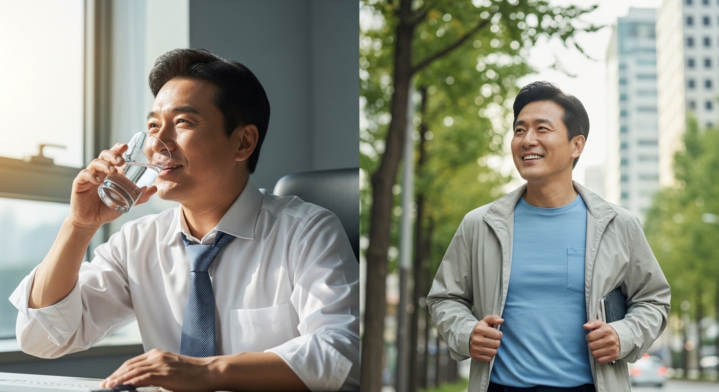 작은 실천으로 건강한 삶을 시작하는 한국인 40대 직장인의 희망찬 모습