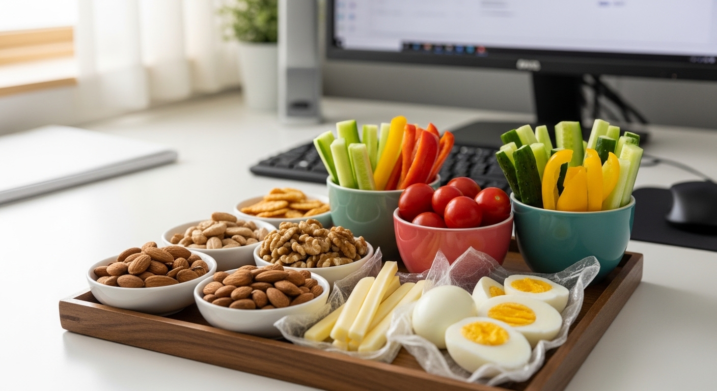 건강한 간식으로 무가당 견과류, 스트링치즈, 삶은 계란, 방울토마토가 책상 위에 놓여있는 모습