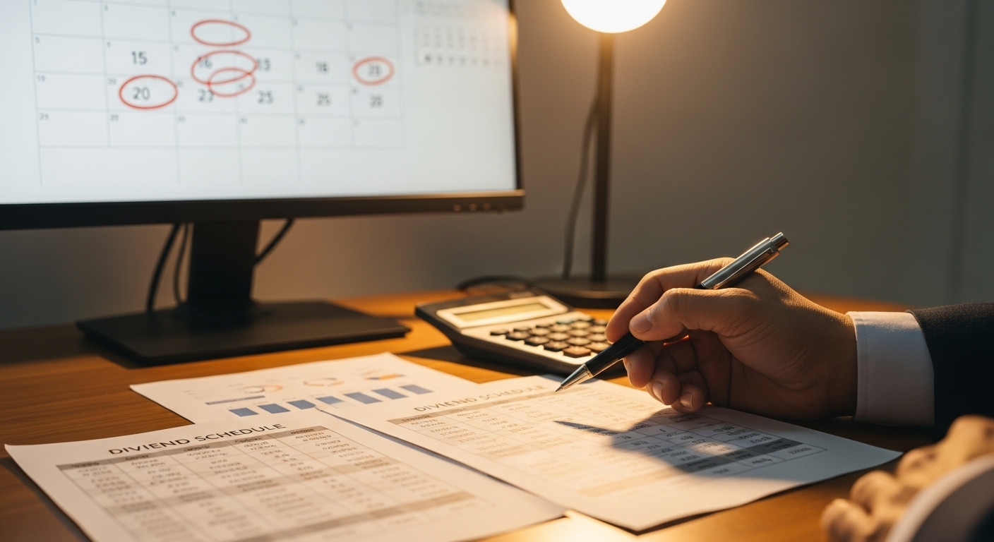 한국인 투자자가 배당 일정과 종류를 책상에서 꼼꼼히 확인하는 모습