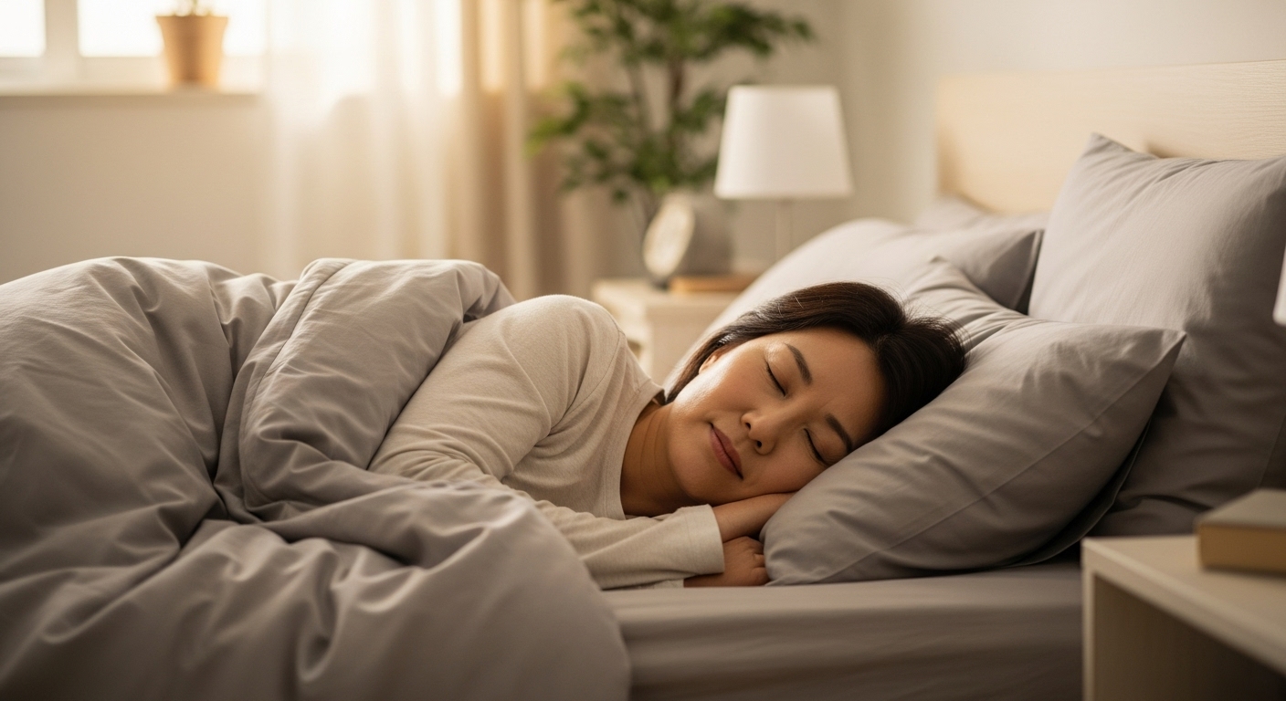 중년 한국인이 편안하게 잠들어 있는 조용한 침실 모습