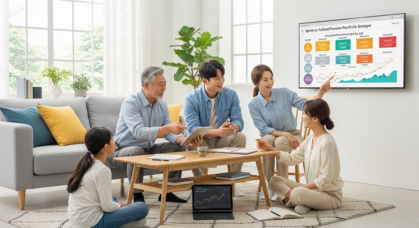 연령대별 맞춤 노후 연금 설계 로드맵을 가족이 함께 상담하는 모습