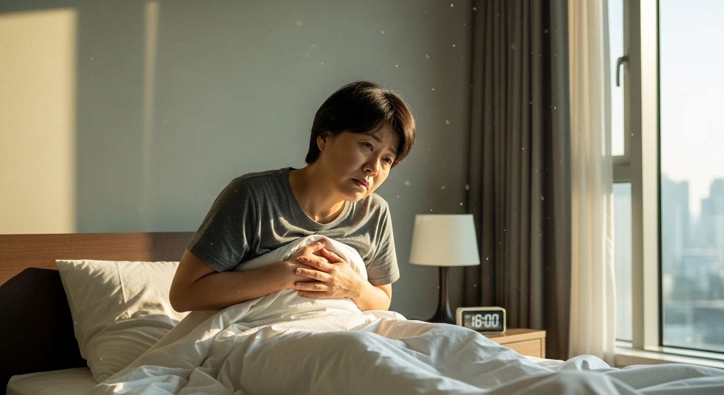 아침에 몸이 무겁고 피곤해하는 한국인 40대 직장인의 모습