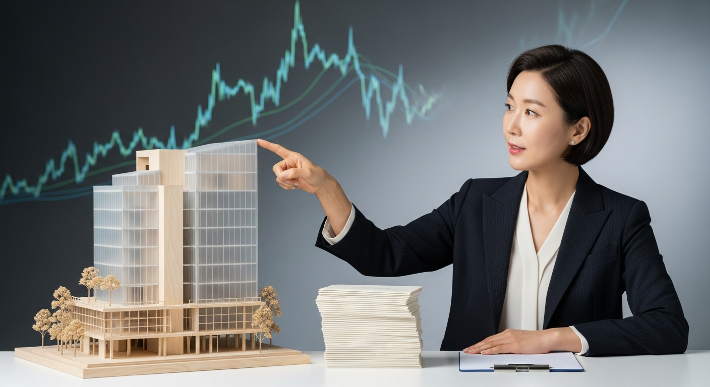 임대업 비유로 커버드콜 구조를 설명하는 40대 초반 한국인 여성