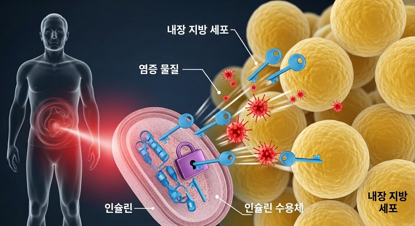 내장지방이 염증물질 분비로 인슐린 저항성을 일으키는 모습을 보여주는 의학적 삽화