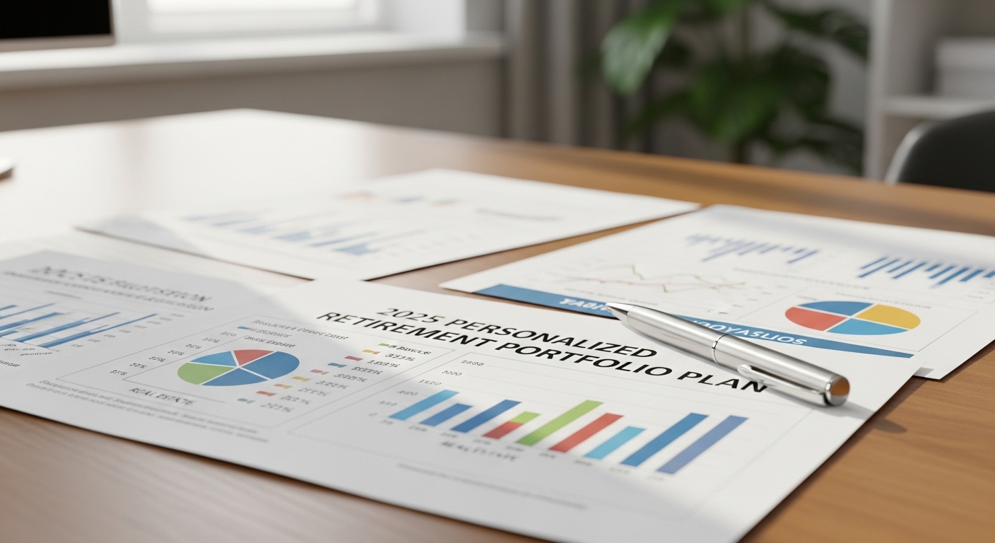 2025년 맞춤형 은퇴 포트폴리오 예시가 적힌 인쇄물들이 책상 위에 놓여 있는 모습