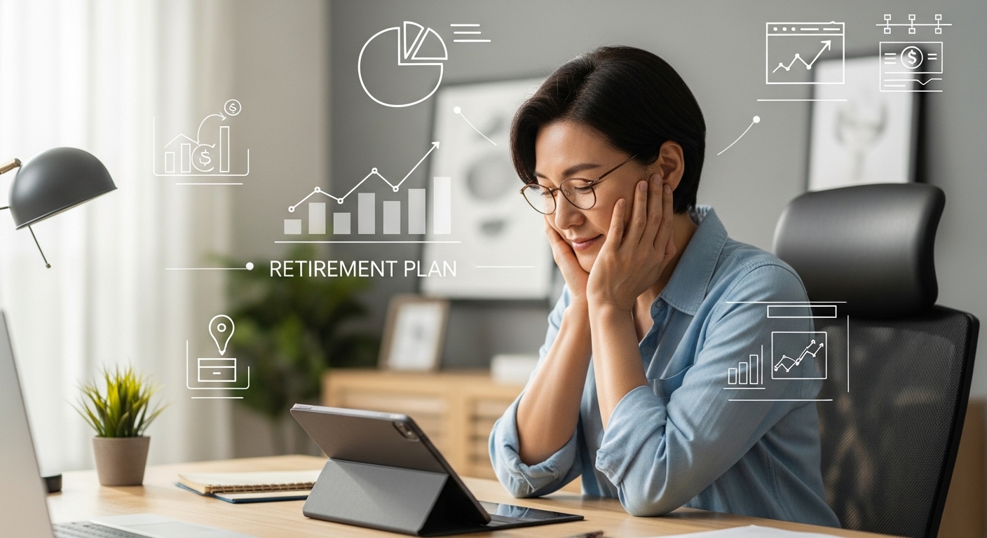 집 서재에서 태블릿으로 은퇴 계획을 확인하며 안도하는 40대 초반 한국인