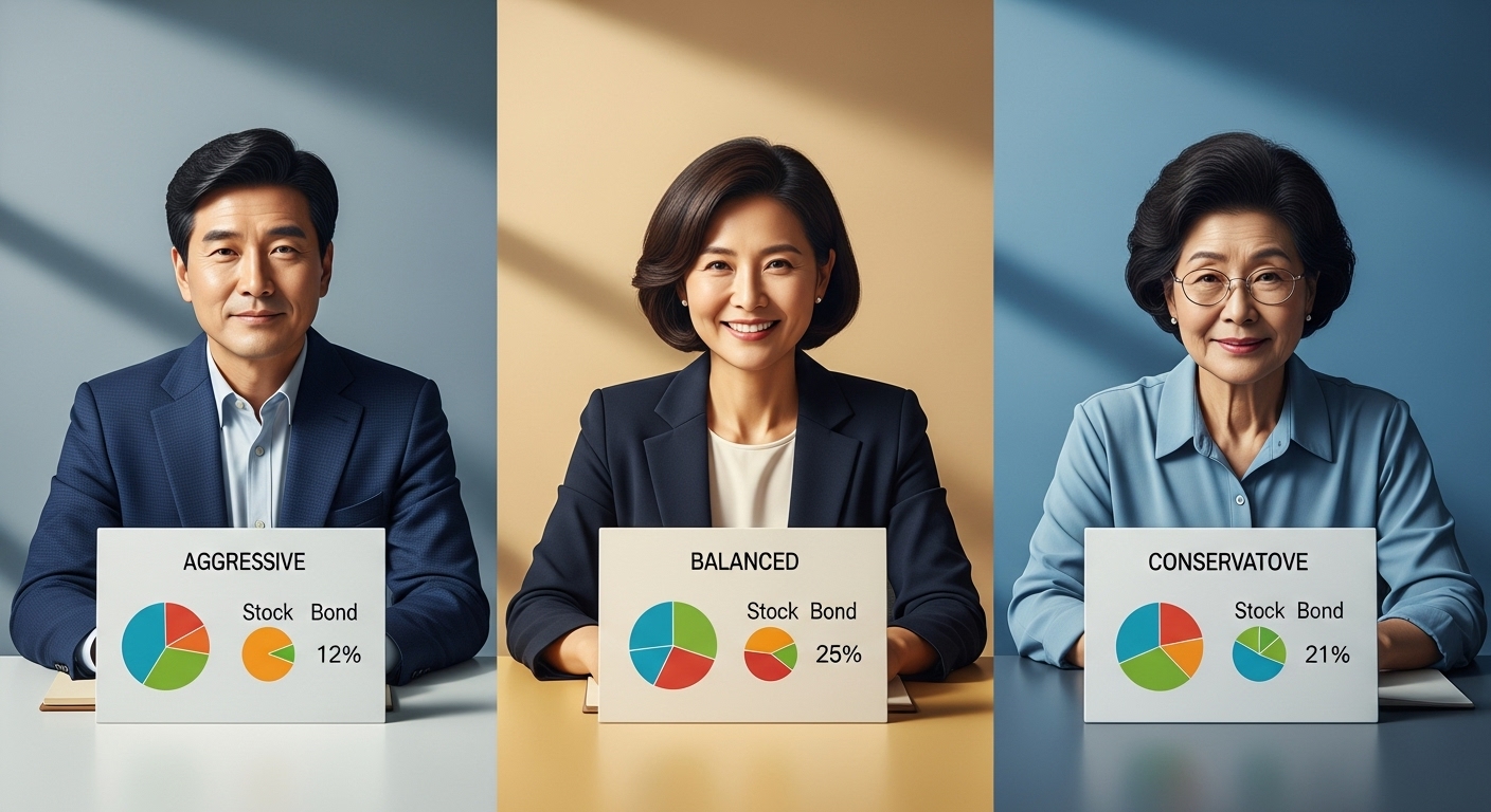 40대 50대 60대 나이대별 연금저축 포트폴리오 구성을 나타내는 장면