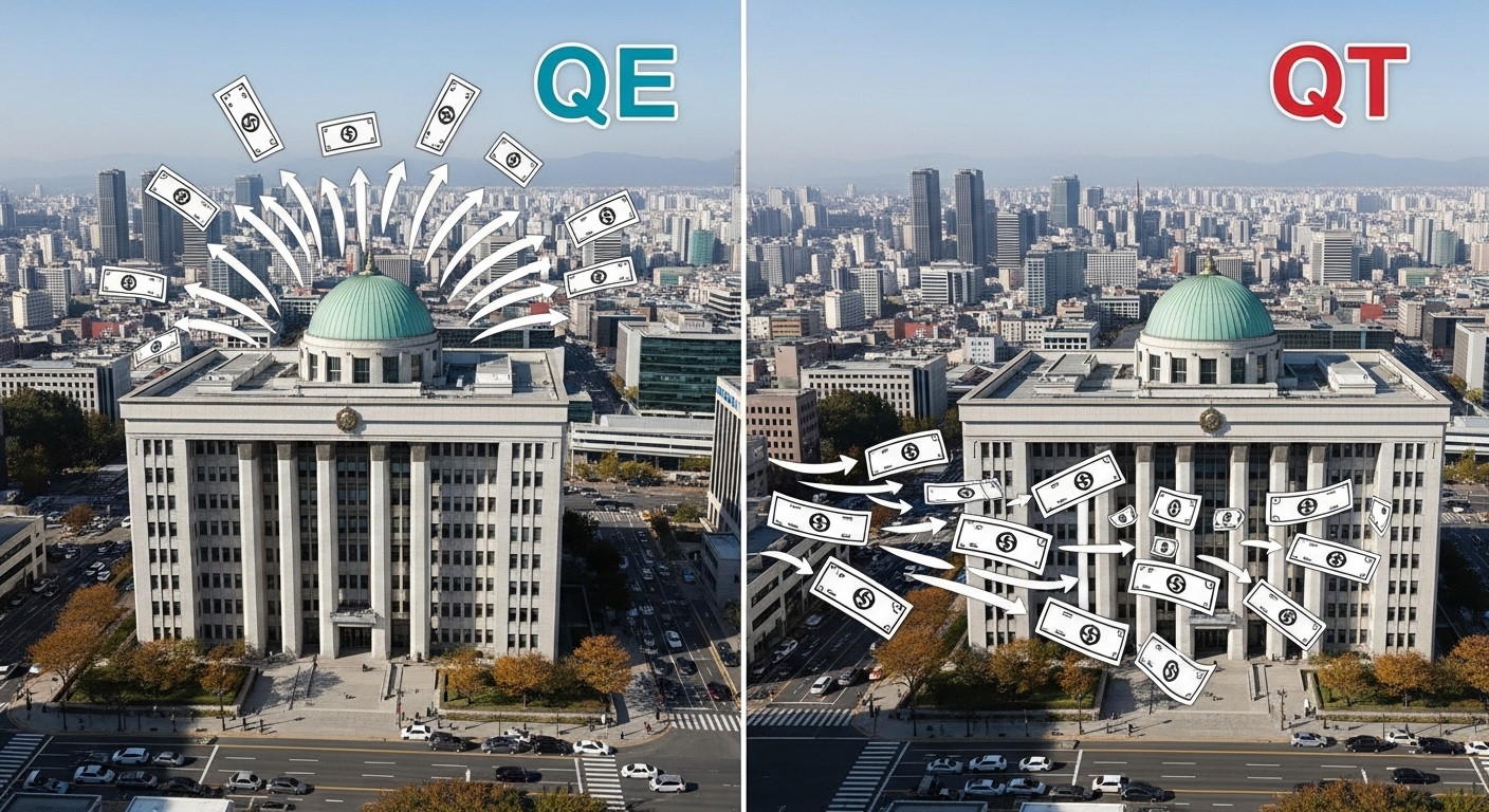 양적완화와 양적긴축으로 돈이 풀리고 거둬지는 과정을 개념적으로 표현한 이미지