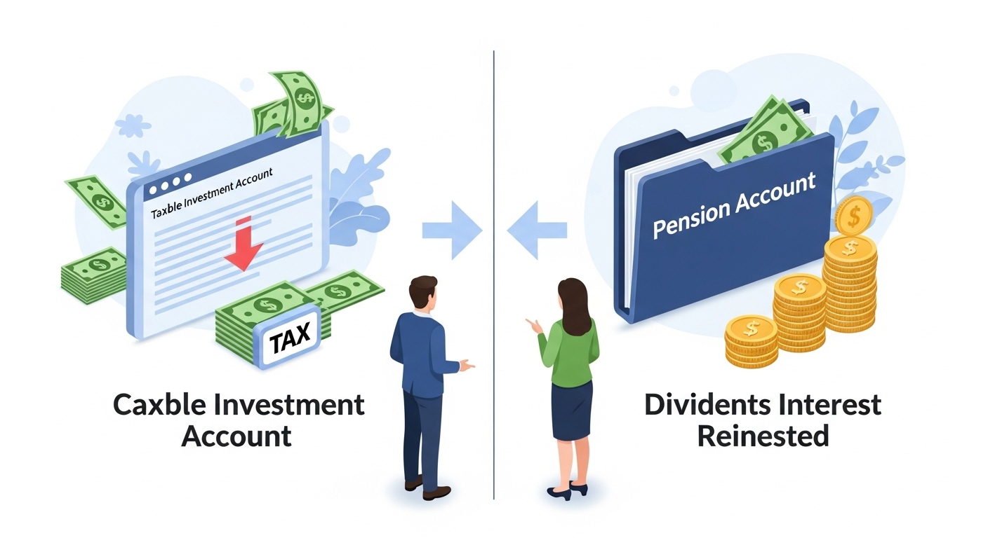 일반 투자 계좌와 연금계좌의 세제 혜택과 복리 효과 차이를 비교하는 시각적 이미지