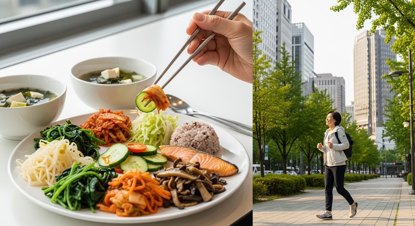 점심 식사 후 채소를 두 배로 먹고 15분 산책하는 한국인의 모습