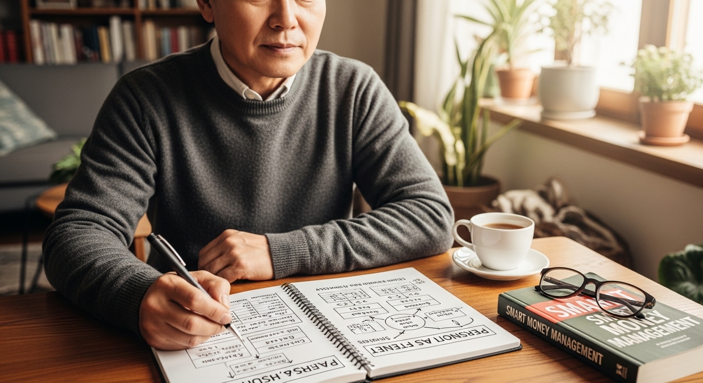 한국 성인이 자신의 현금 흐름 파이프라인 전략을 집에서 계획하는 모습
