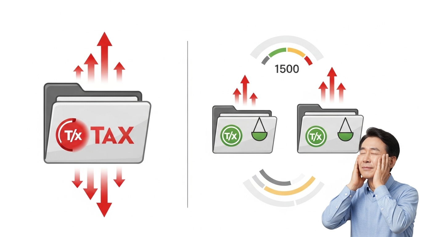 연금저축 계좌 하나일 때와 두 개로 나누었을 때 세금 차이를 비교하는 개념 이미지