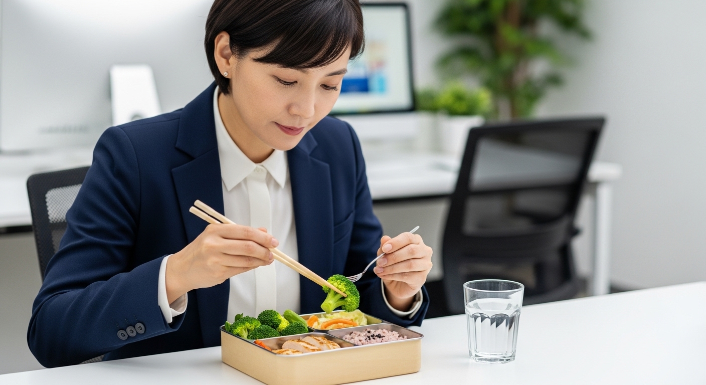 혈당 스파이크를 막기 위해 식사 순서대로 채소, 단백질, 탄수화물을 먹는 중년 직장인