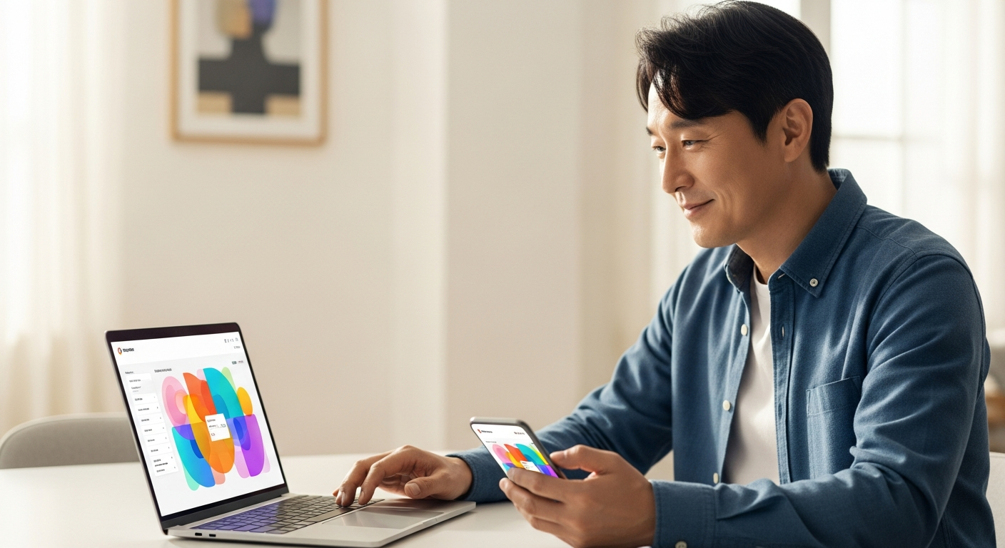 거실에서 노후 월현금흐름을 점검하는 40대 초반 한국인 남성